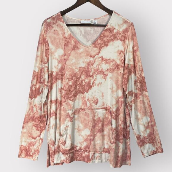 Susan Graver‎ Tunic Top Women Size L Pink Tie-Dye Watercolor Kangaroo Pocket C13 - Picture 1 of 14